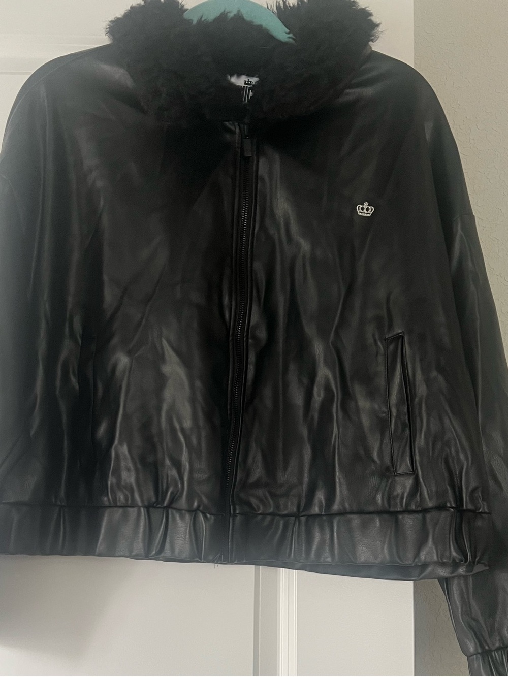 Juicy Couture Black Faux Leather Jacket with Sherpa Collar